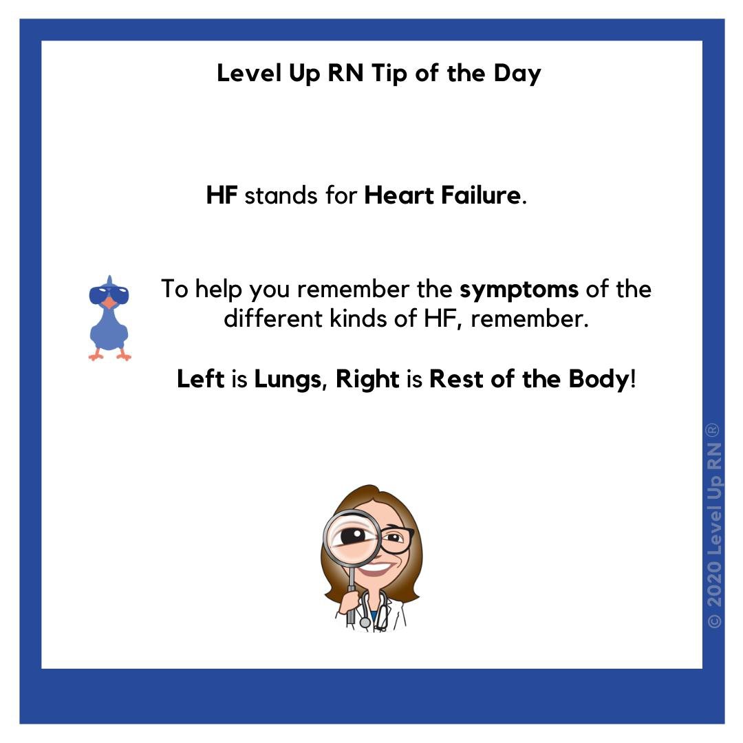 HF stands for Heart Failure. To help you remember the symptoms of the different kinds of HF, remember  Left is Lungs, Right is Rest of the Body!