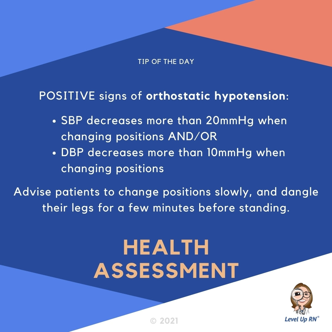 A patient is POSITIVE for orthostatic hypotension if: The SBP decreases more than 20mmHg when changing position AND/OR the DBP decreases more than 10mmHg