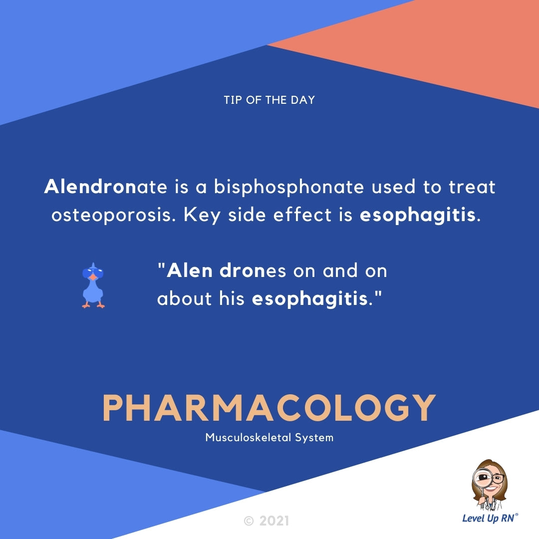 Alendronate is a bisphosphonate used to treat osteoporosis. Key side effect is esophagitis. HINT: "Alen drones on and on about his esophagitis."