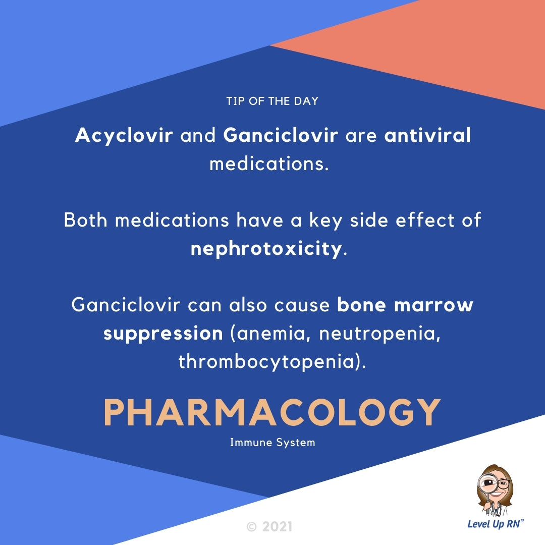 Acyclovir and Ganciclovir are antiviral medications. Both medications have a key side effect of nephrotoxicity. Ganciclovir can also cause bone marrow suppression (anemia, neutropenia, thrombocytopenia).