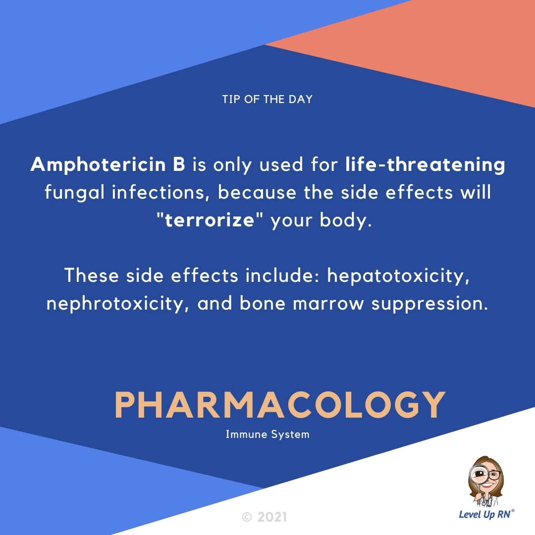 Amphotericin B is only used for life-threatening fungal infections, because the side effects will "terrorize" your body. These side effects include: hepatotoxicity, nephrotoxicity, and bone marrow suppression.