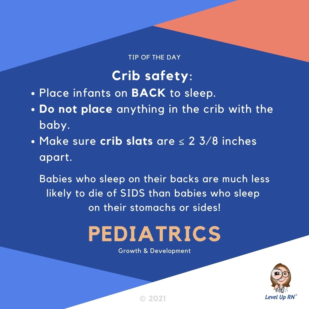 Crib safety: Place infants on BACK to sleep. Do not place anything in the crib with the baby. Ensure crib slats are ≤ 2 3/8 inches apart. Babies who sleep on their backs are much less likely to die of SIDS than babies who sleep on their stomachs or sides!