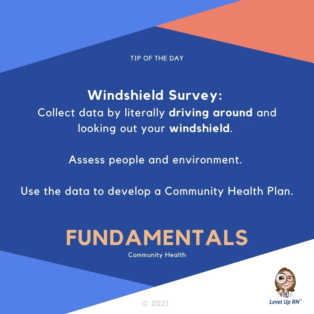 Windshield Survey:
Collect data by literally driving around and looking out your windshield. Assess people and environment. Use the data to develop a Community Health Plan.