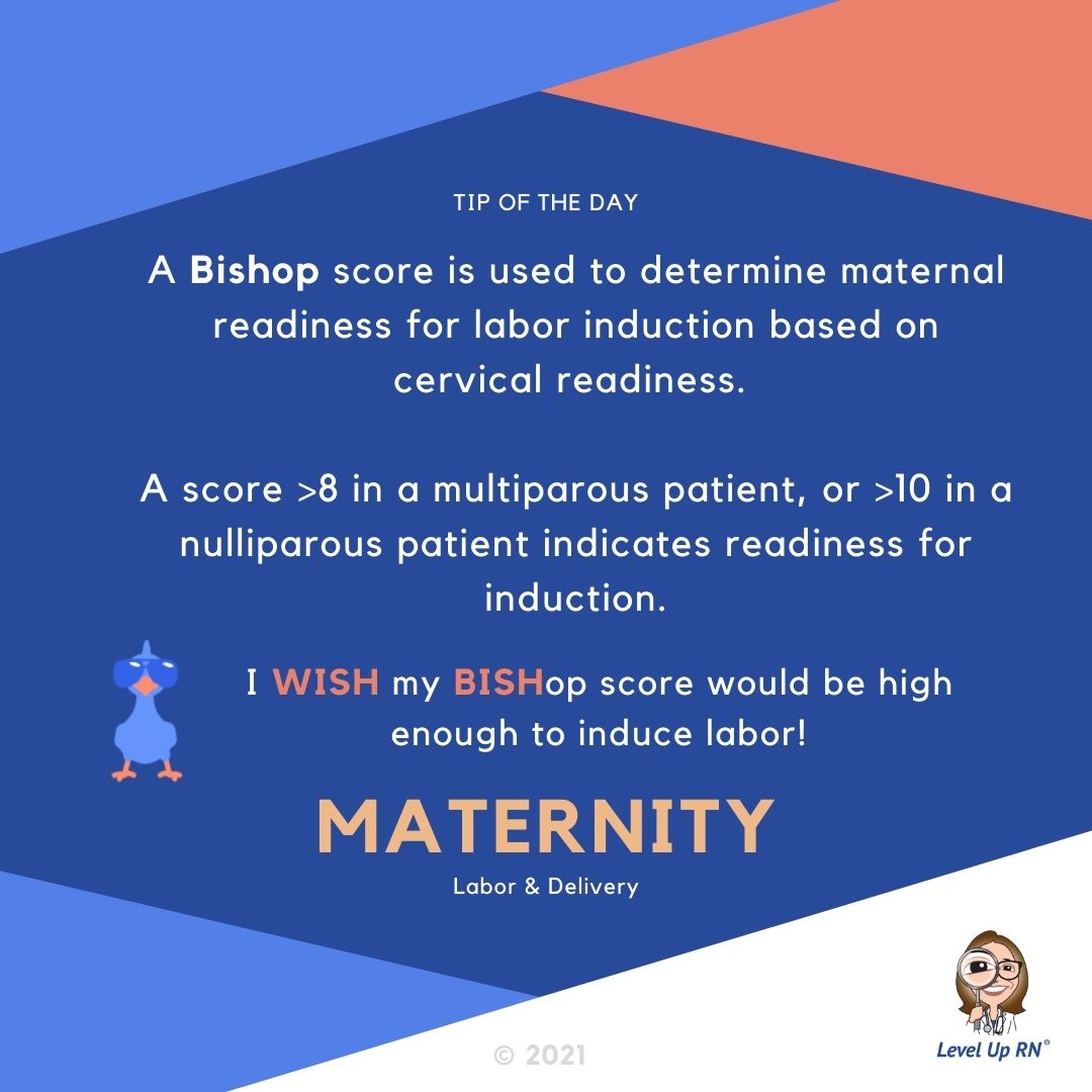 A Bishop score is used to determine maternal readiness for labor induction based on cervical readiness. A score >8 in a multiparous patient, or >10 in a nulliparous patient indicates readiness for induction.