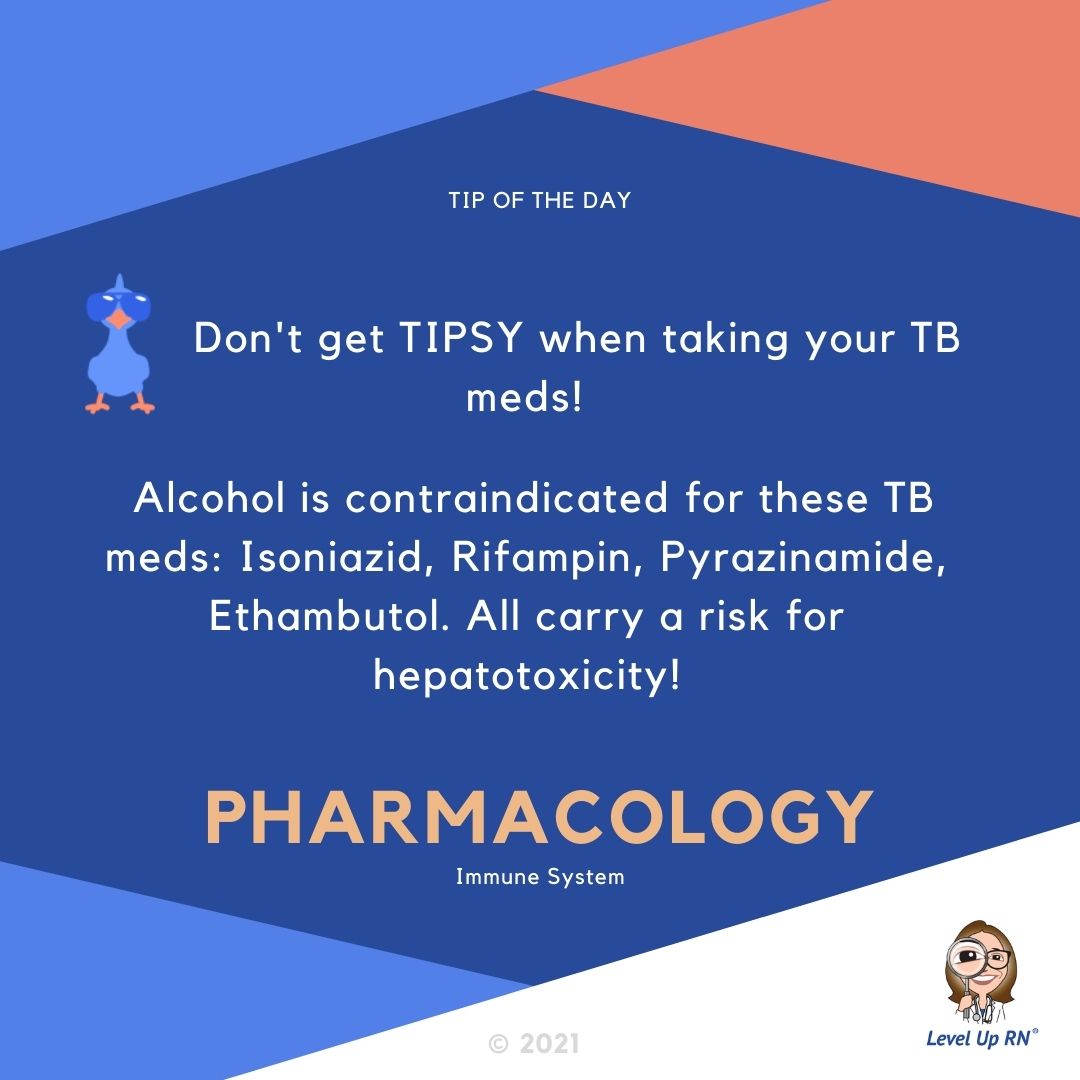 Don't get TIPSY when taking your TB meds! Alcohol is contraindicated for these TB meds: Isoniazid, Rifampin, Pyrazinamide, Ethambutol. All carry a risk for hepatotoxicity!