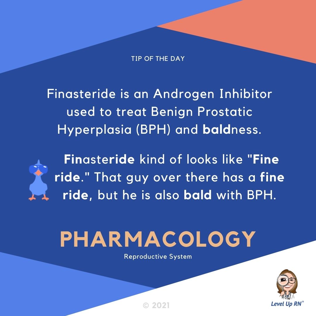 Finasteride is an Androgen Inhibitor used to treat Benign Prostatic Hyperplasia (BPH) and baldness. HINT: Finasteride kind of looks like "Fine ride." That guy over there has a fine ride, but he is also bald with BPH.