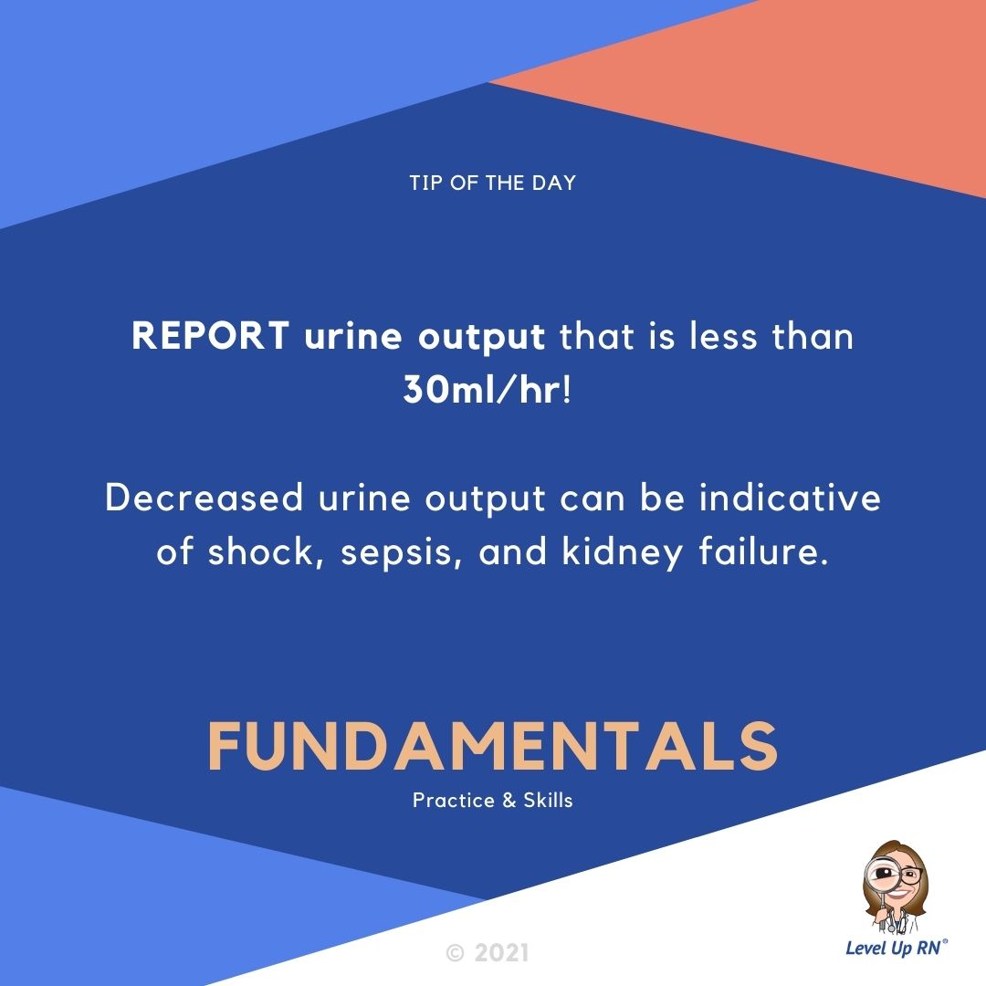 REPORT urine output that is less than 30ml/hr!  Decreased urine output can be indicative of shock, sepsis, and kidney failure.