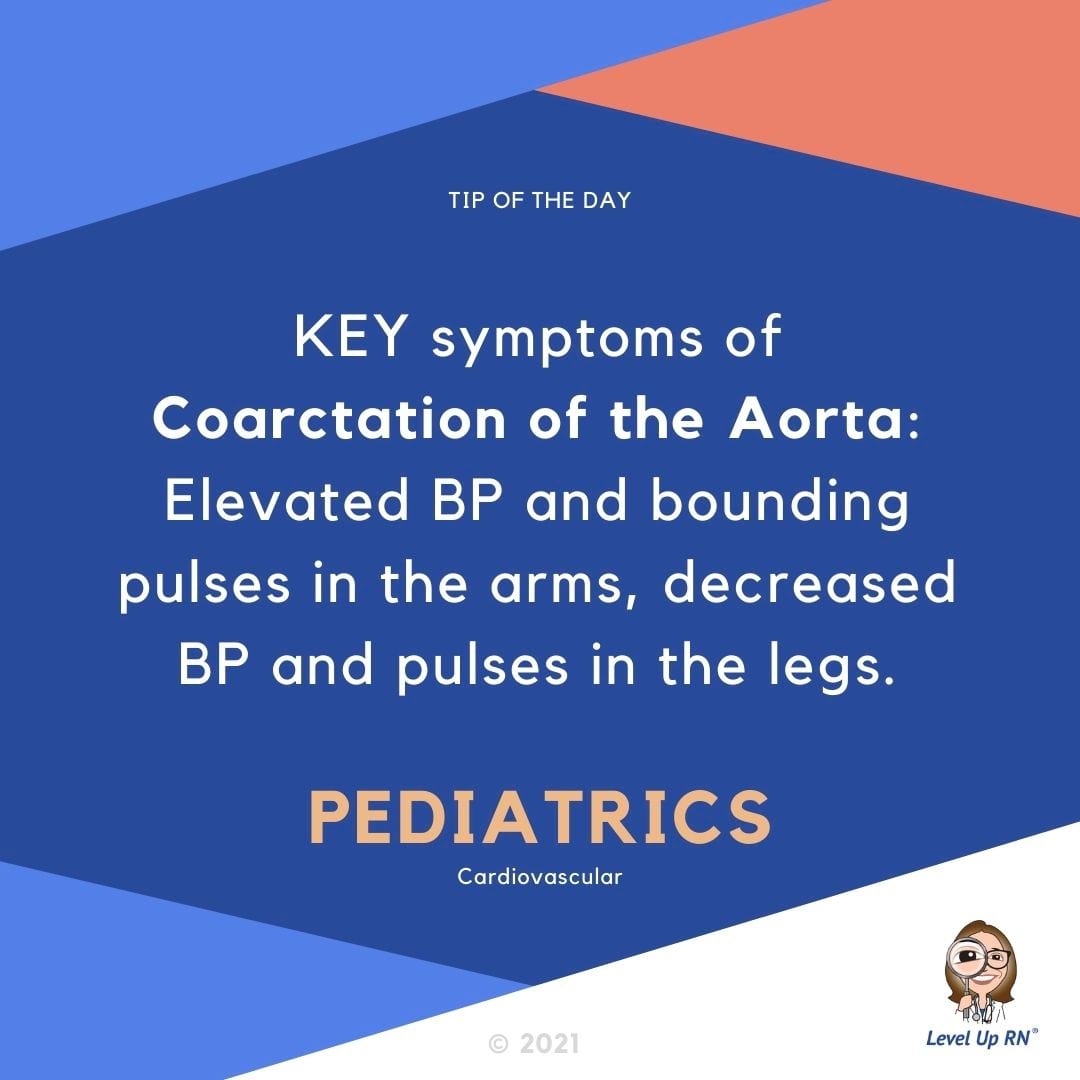 KEY symptoms of Coarctation of the Aorta: elevated BP and bounding pulses in the arms, decreased BP and pulses in the legs.