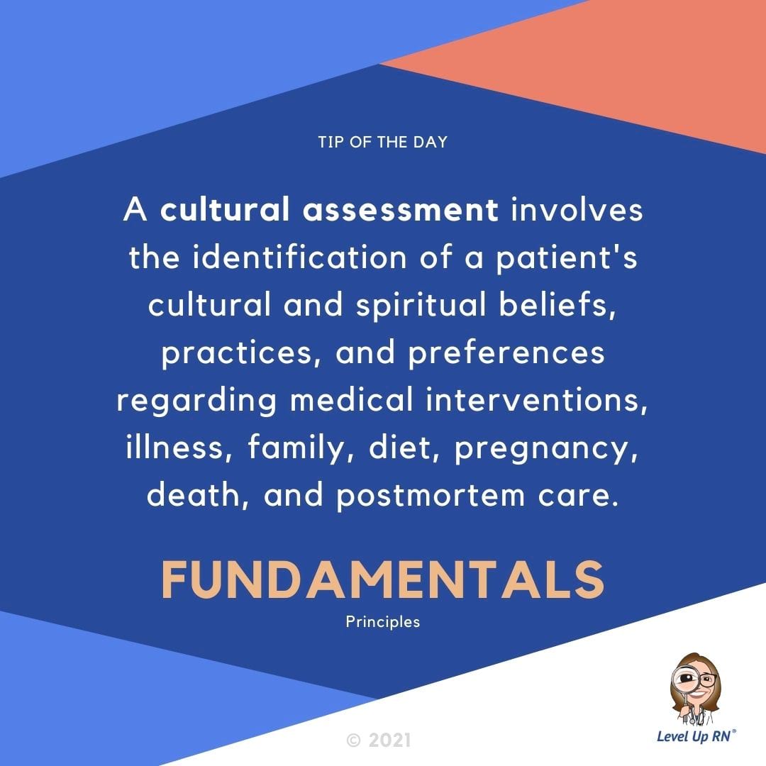 A cultural assessment involves the identification of a patient's cultural and spiritual beliefs, practices, and preferences regarding medical interventions, illness, family, diet, pregnancy, death, and postmortem care.