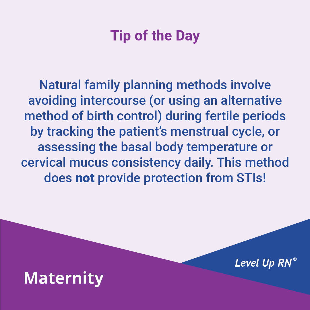 Natural family planning methods involve avoiding intercourse during fertile periods by tracking the patient's menstrual cycle, or assessing the basal body temperature or cervical mucus consistency daily.