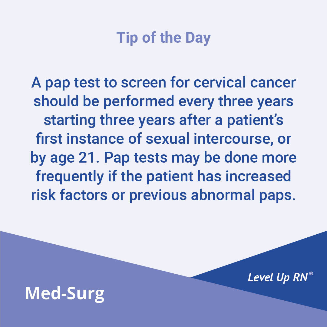 A pap test to screen for cervical cancer should be performed every three years starting three years after a patient's first instance of sexual intercourse, or by age 21. 