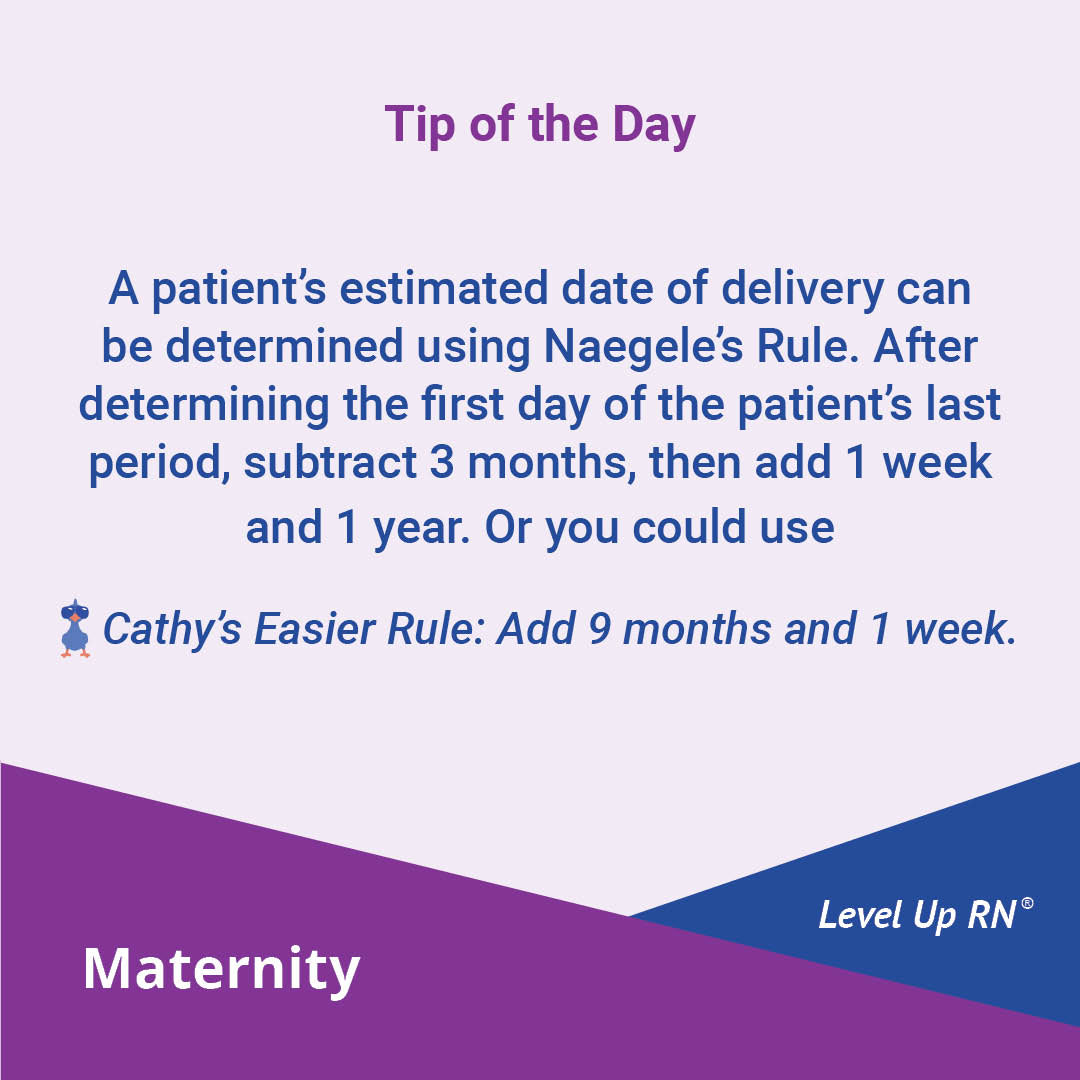 A patient's estimated date of delivery can be determined using Naegele's Rule. After determining the first day of the patient's last period, subtract 3 months, then add 1 week and 1 year. 