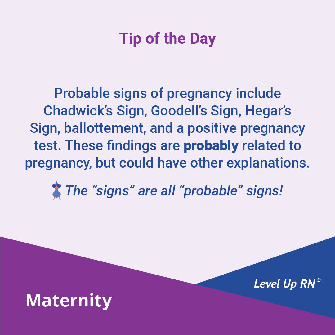 Probable signs of pregnancy include Chadwick's Sign, Goodell's Sign, Hegar's Sign, ballottement, and a positive pregnancy test. These findings are probably related to pregnancy, but could have other explanations.