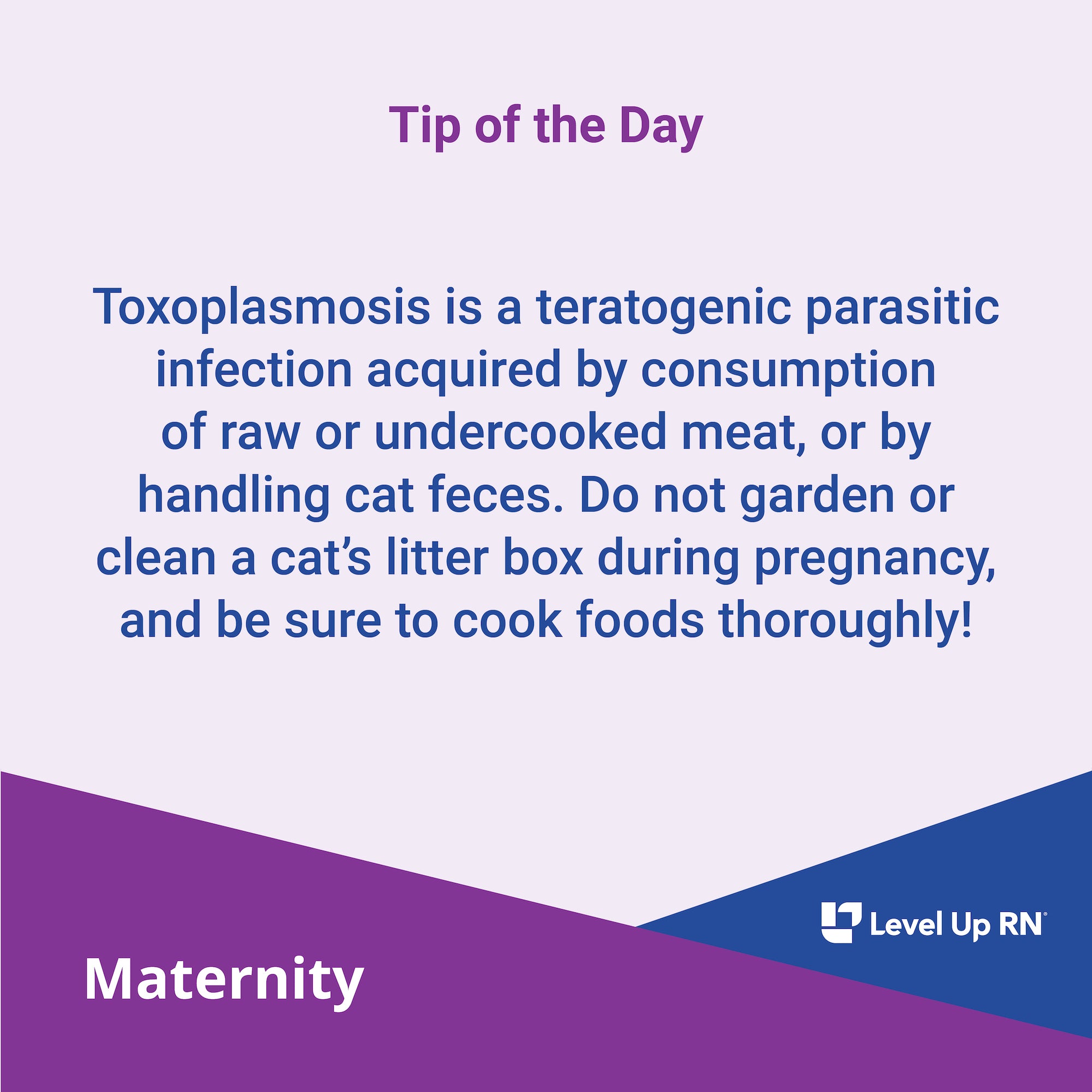 Toxoplasmosis is a teratogenic parasitic infection acquired by consumption of raw or undercooked meat, or by handling cat feces.