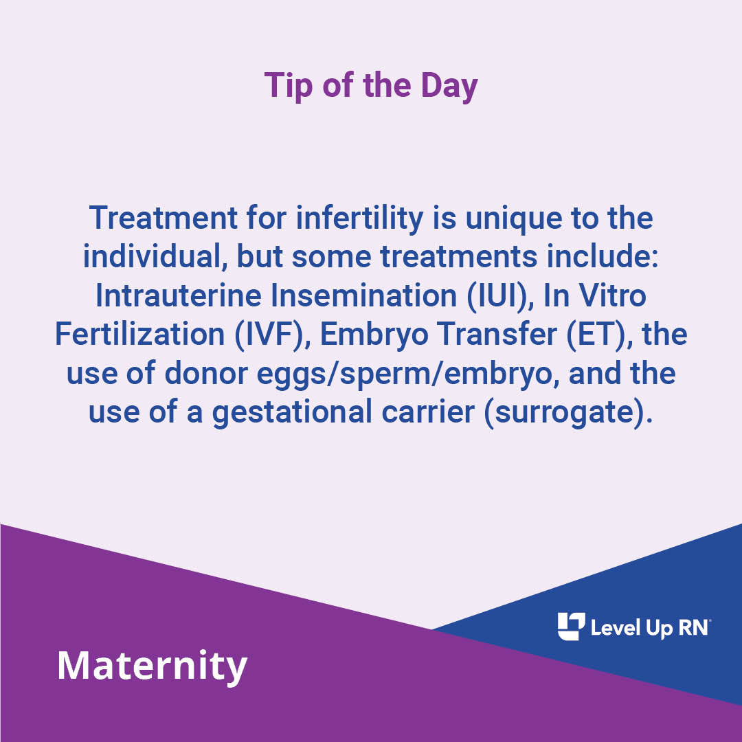Treatment for infertility is unique to the individual, but some treatments include: Intrauterine Insemination (IUI), In Vitro Fertilization (IVF), Embryo Transfer (ET), the use of donor eggs/sperm/embryo, and the use of a gestational carrier (surrogate).