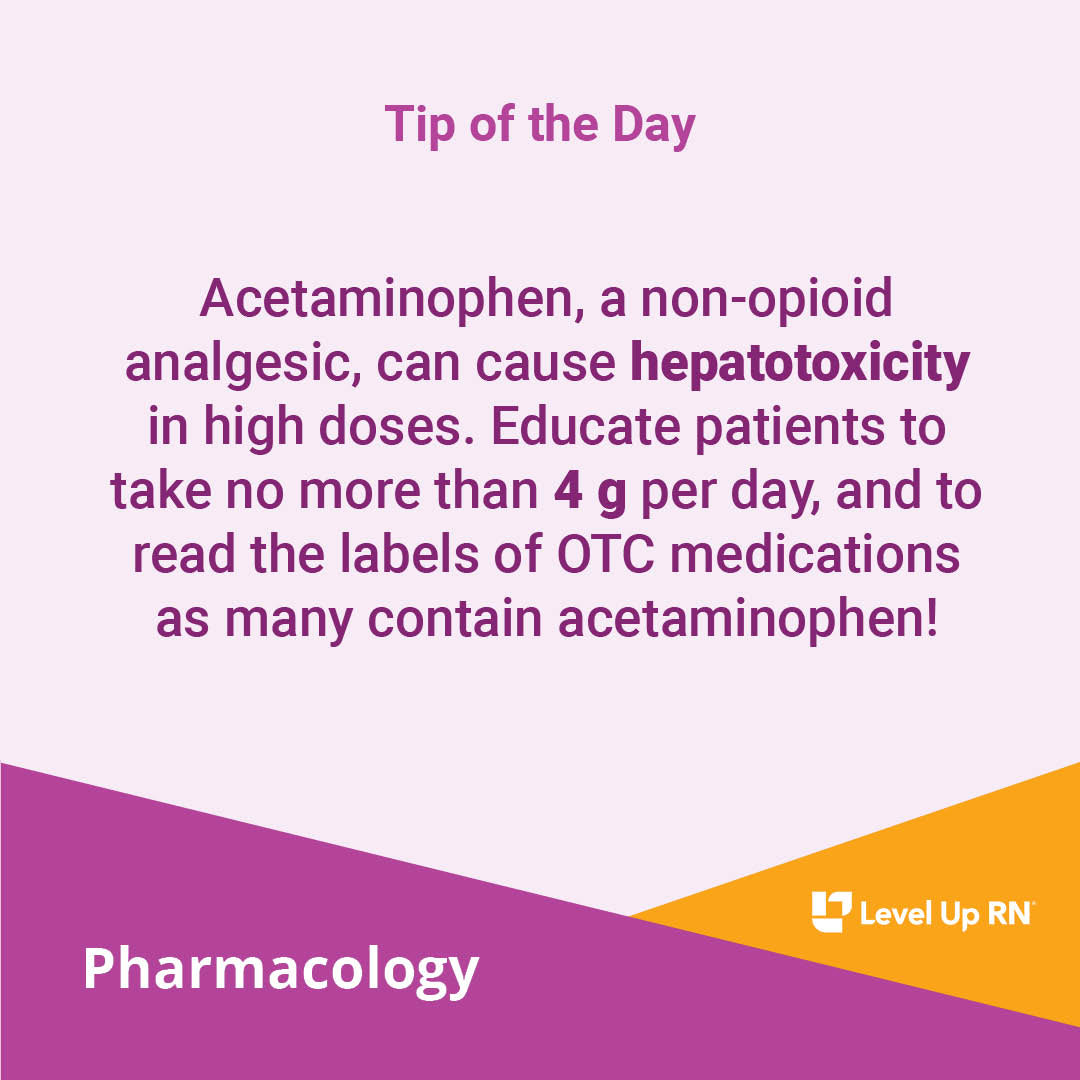 Acetaminophen, a non-opioid analgesic, can cause hepatotoxicity in high doses. Educate patients to take no more than 4 g per day, and to read the labels of OTC medications as many contain acetaminophen!