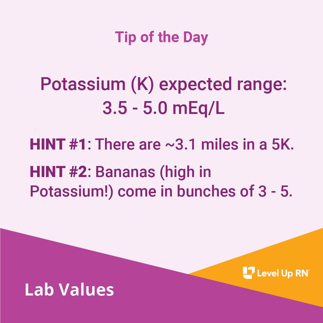 Potassium (K) expected range: 3.5 - 5.0 mEq/L