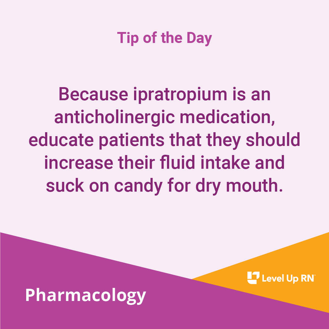 Because ipratropium is an anticholinergic medication, educate patients that they should increase their fluid intake and suck on candy for dry mouth.