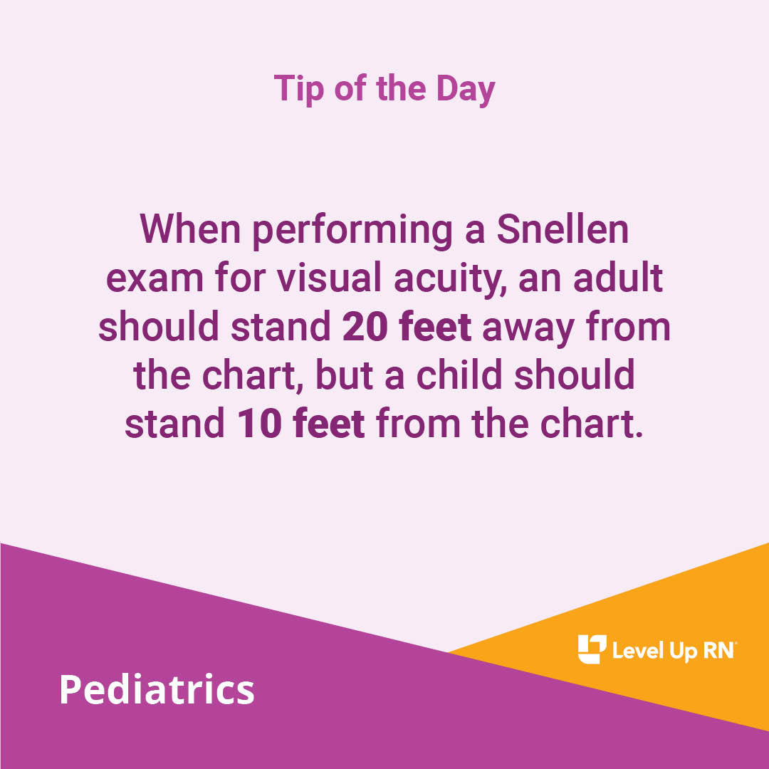When performing a Snellen exam for visual acuity, an adult should stand 20 feet away from the chart, but a child should stand 10 feet from the chart.