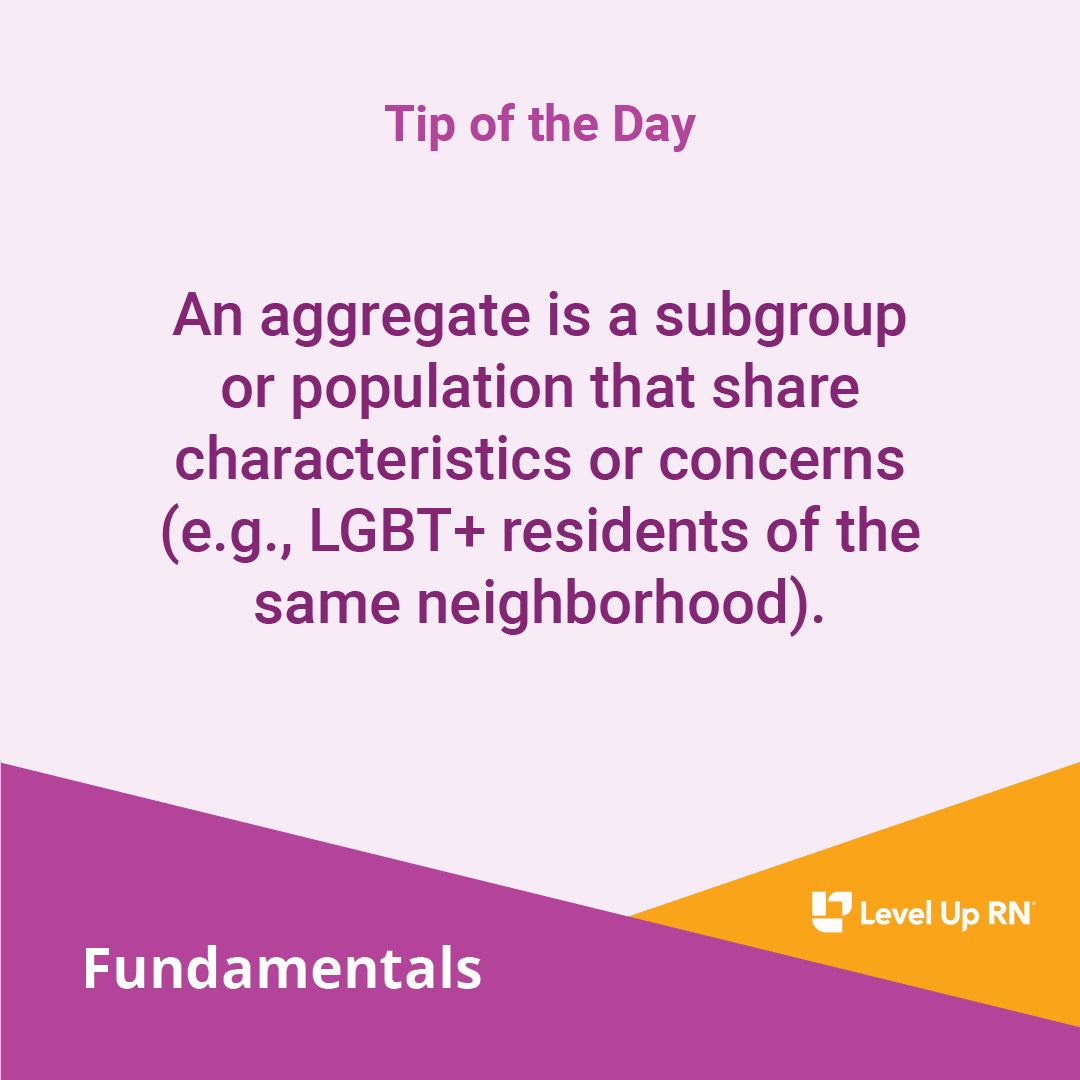 An aggregate is a subgroup or population that share characteristics or concerns (e.g., LGBT+ residents of the same neighborhood).