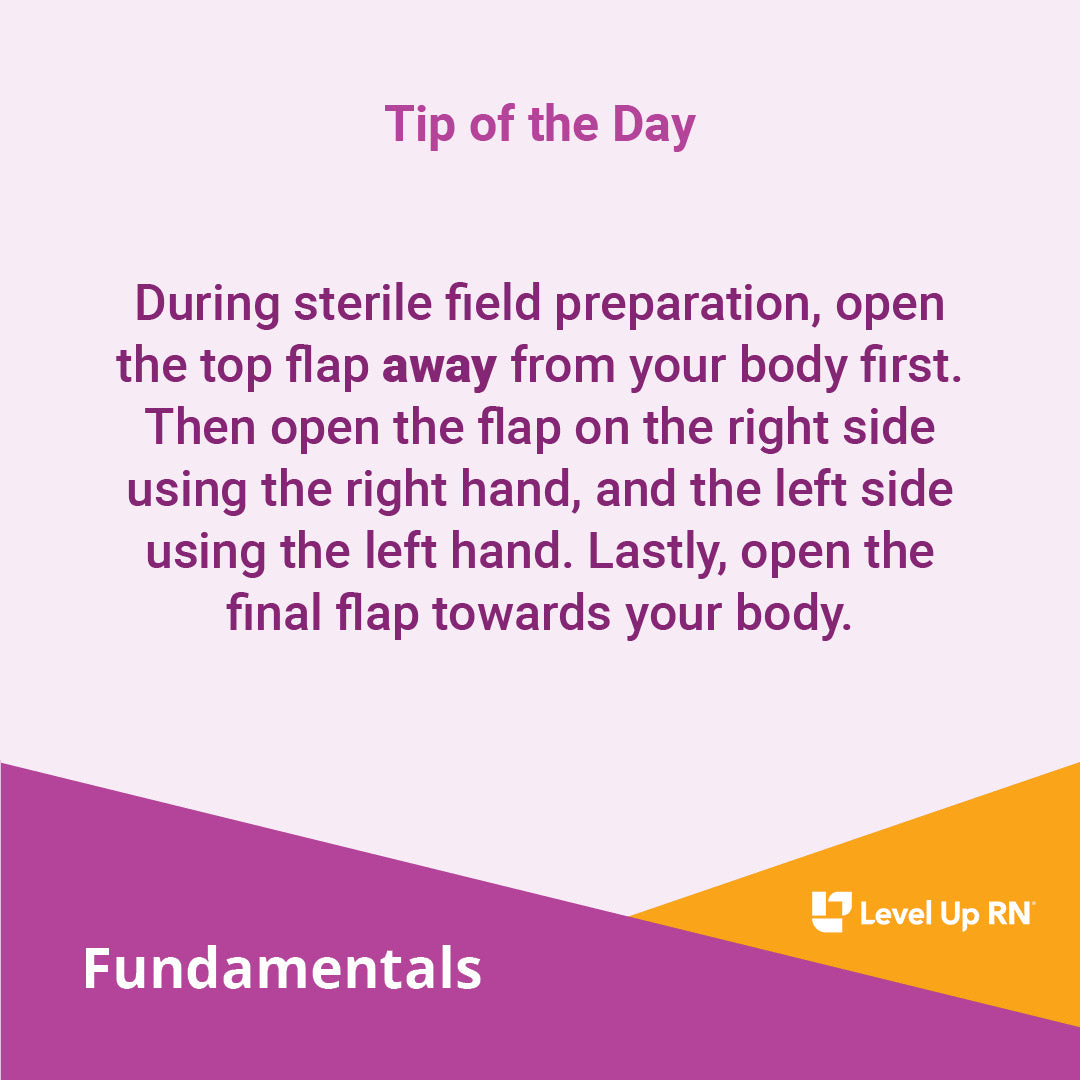 During sterile field preparation, open the top flap away from your body first. Then open the flap on the right side using the right hand, and the left side using the left hand. Lastly, open the final flap towards your body.
