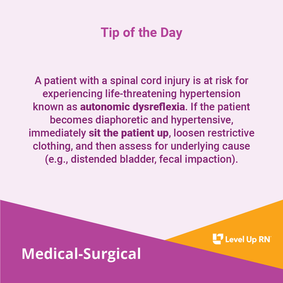 A patient with a spinal cord injury is at risk for experiencing life-threatening hypertension known as autonomic dysreflexia. 
