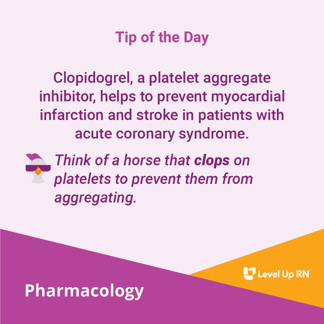 Clopidogrel, a platelet aggregate inhibitor, helps to prevent myocardial infarction and stroke in patients with acute coronary syndrome. 