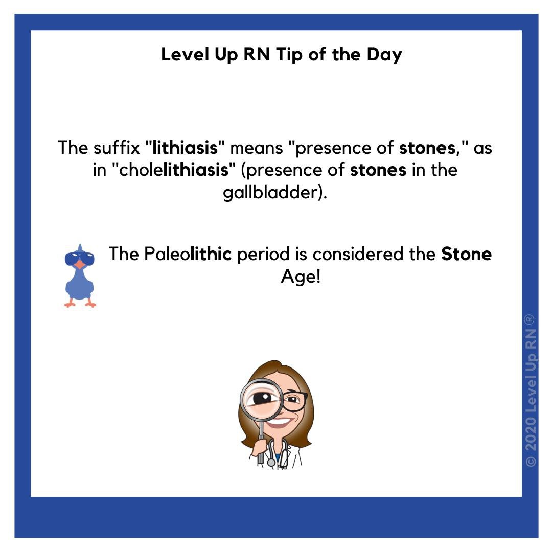 The suffix "lithiasis" means "presence of stones," as in "cholelithiasis" (presence of stones in the gallbladder). The Paleolithic period is considered the Stone Age!